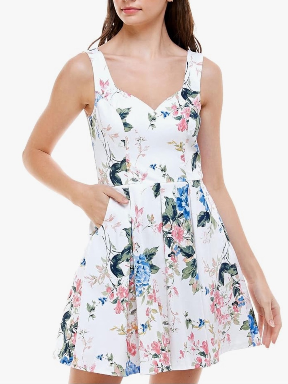 Trixxi White Cotton Floral V-Neck Fit & Flare Dress with Pockets